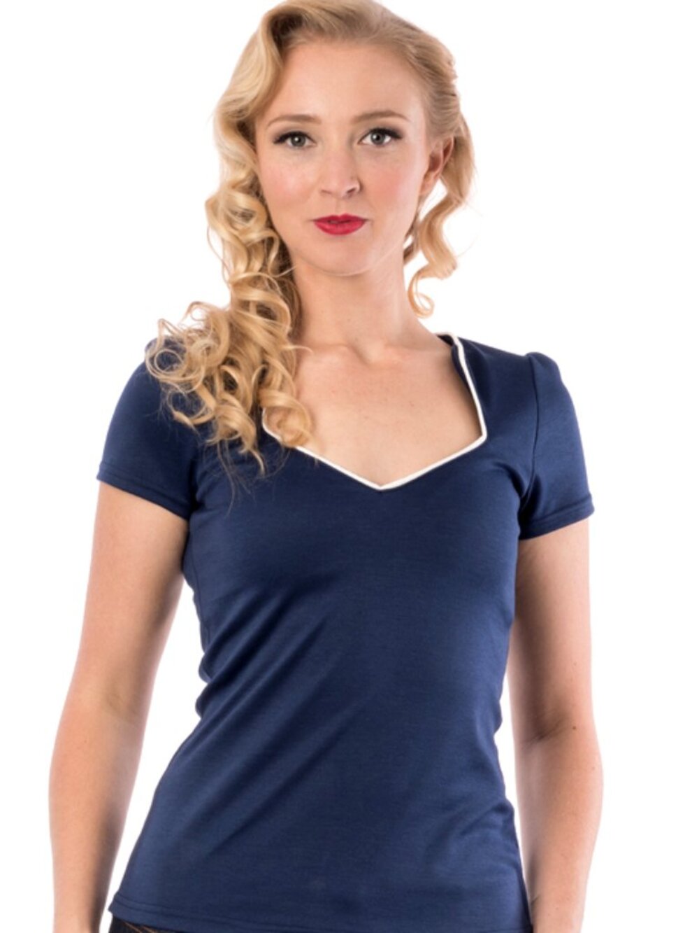 Steady Sophia top - 1940s style angled neck stretch top, navy